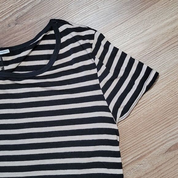 🔺️Halogen Black & Tan Striped Linen Blend Short Sleeve Top Medium - Picture 4 of 8